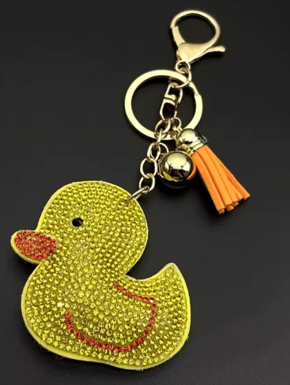 Duck Crystal Rhinestone Keychain Bag Charm With Orange Tassel